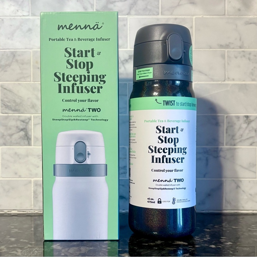 NIB Menna Two Start & Stop Steeping Infuser Lock Top Travel Mug 16oz Onyx